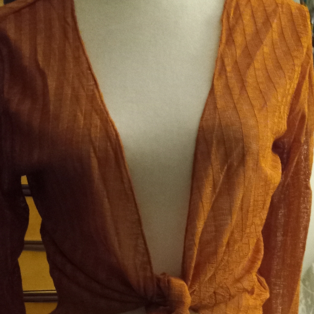 New,copper orange sheer mesh tie-front bolero shrug cardigan,3/4 sleeves,size m.